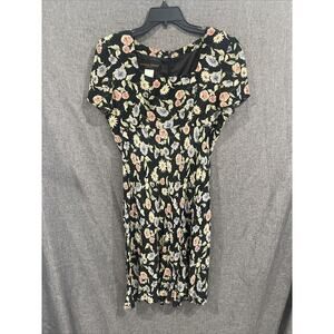 Donna Ricco Sz 8 Black Floral Print MIDI Dress Empire Waist Flare Rayon Goth Fem